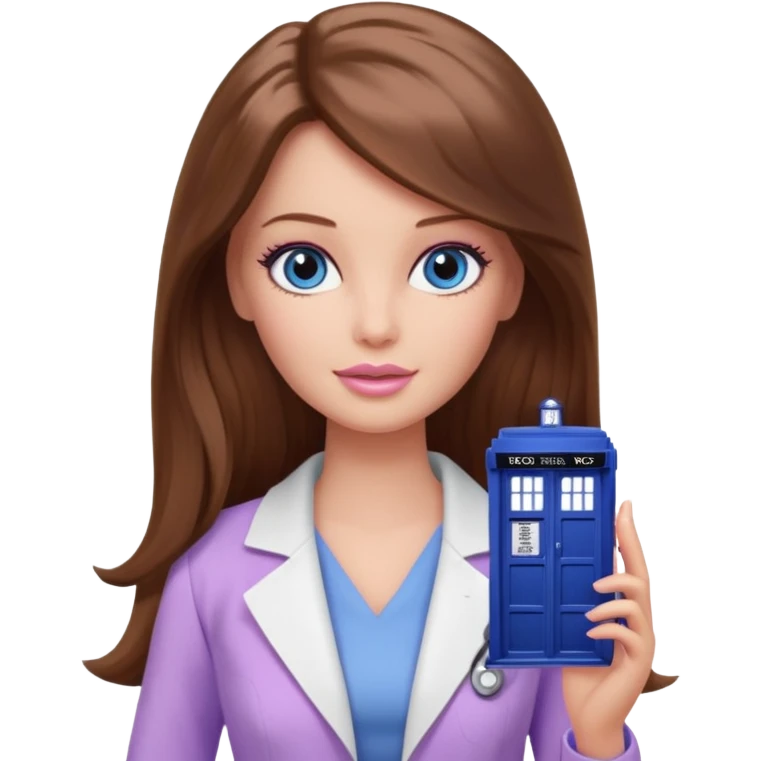 beautiful barbie girl with long brown hair, blue eyes and wearing light purple clothes watching doctor who emoji