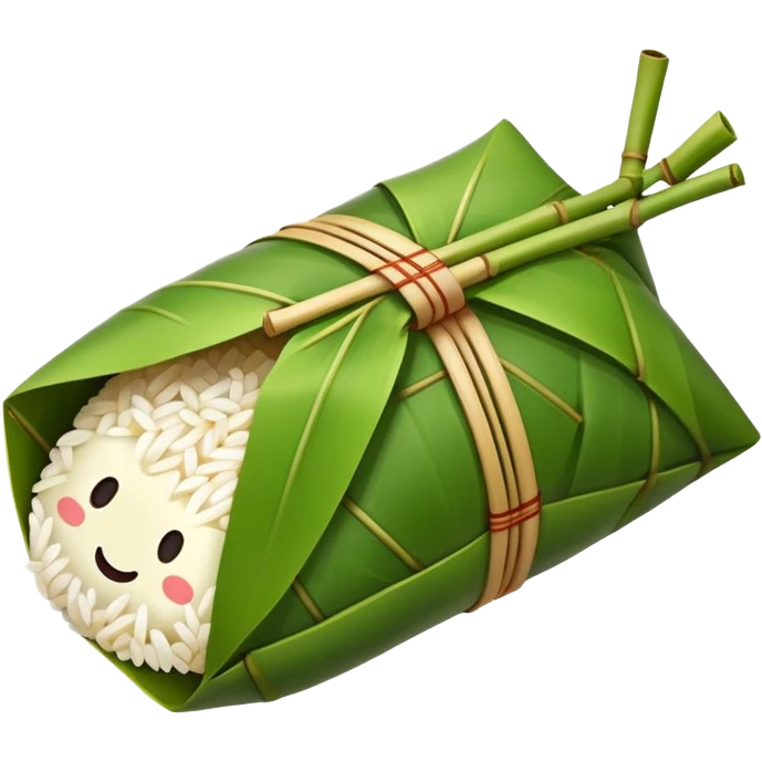 Rice dumpling Zongzi wrapped in bamboo leaves, simplified emoji style with bold outlines and bright colors, cartoon style sweet glutinous rice treat emoji
