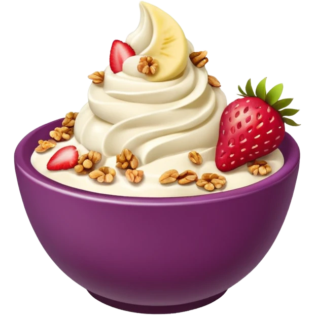 acai purple soft serve in a bowl strawberries and granola and chopped banana emoji