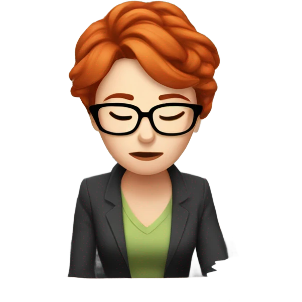 red hair woman wearing glasses sleeping frustrated desk monitor stack paper emoji