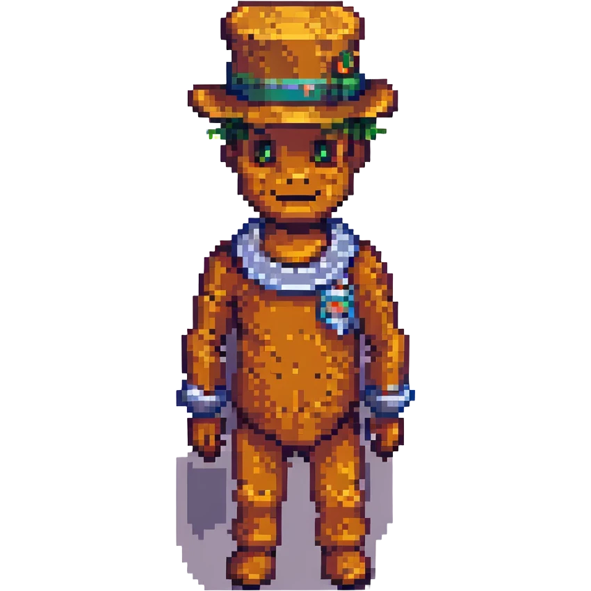 Freddy character in pixel art style with a hat emoji