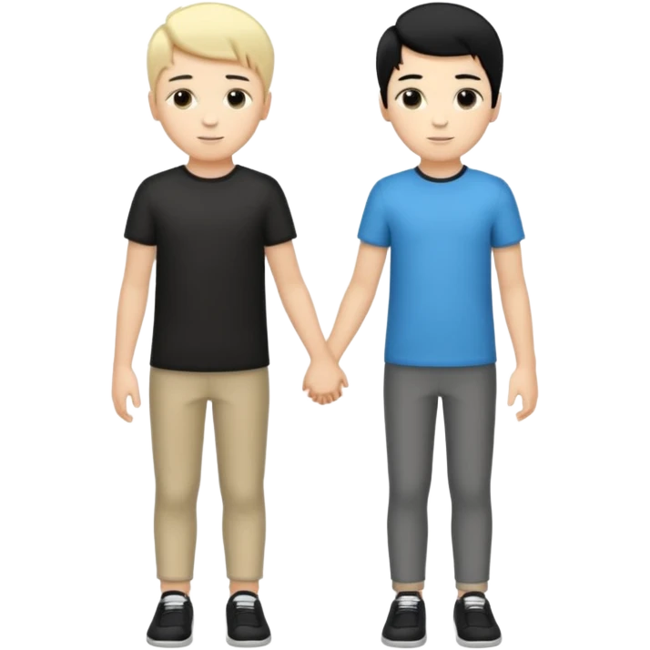 Dois jovens meninos brancos um de cabelo preto e outro loiro com penteado moderno, de corpo inteiro e mãos dadas emoji