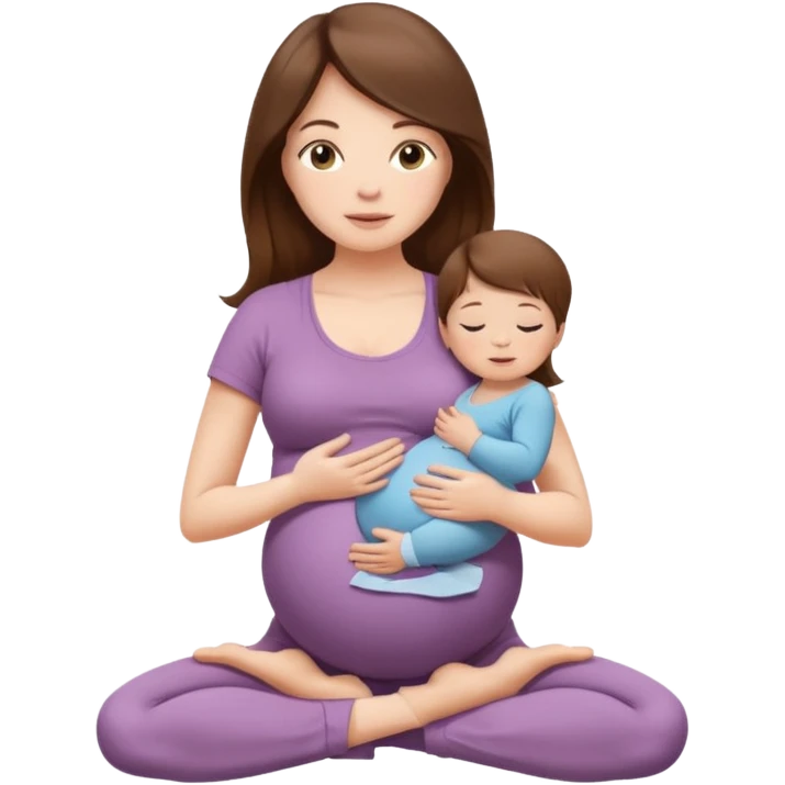 "Pregnant woman sitting in a yoga pose with long brown hair and fair skin, holding a newborn baby with short brown hair and fair skin." emoji