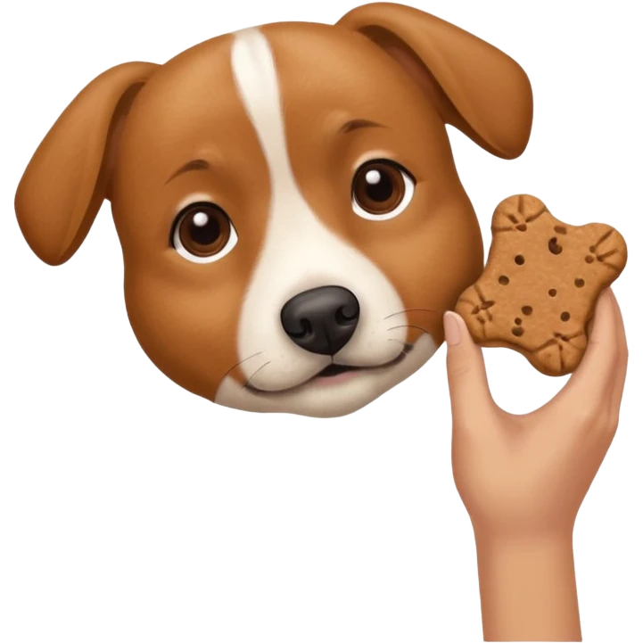 trainer hand holding a treat in front of a dog emoji