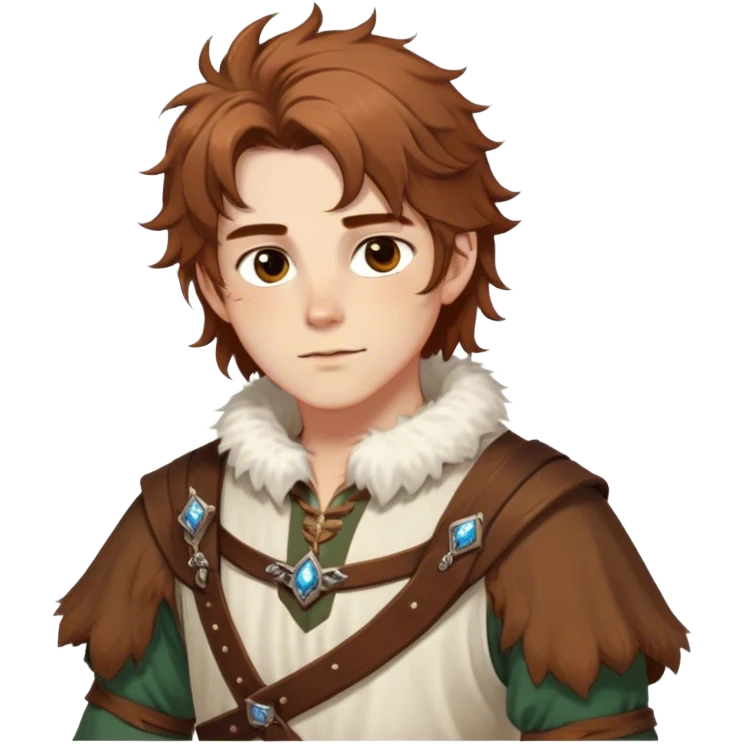 medieval spring outfit worn by a DnD themed fantasy male character. cotton tunic with sleeves rolled to the elbow, featuring a light fur-lined collar for chilly mornings. clothes only above the waist. The clothes full waist. The character's haven't arms. character is white-skinned, chestnut brown hair, amber eyes, shoulder-length messy hair. emoji
