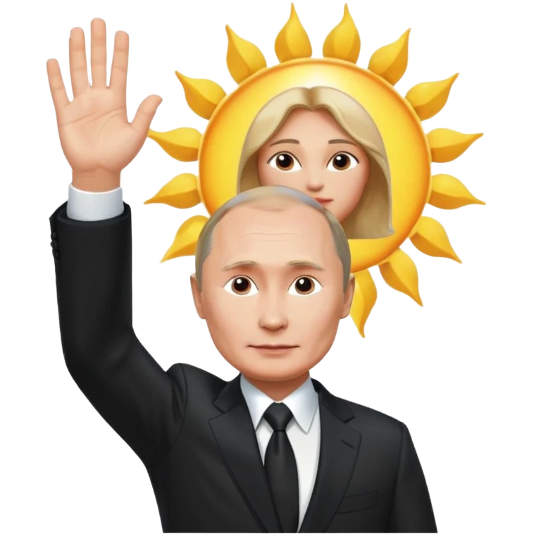 Putin stands with his right hand raised towards the sun emoji