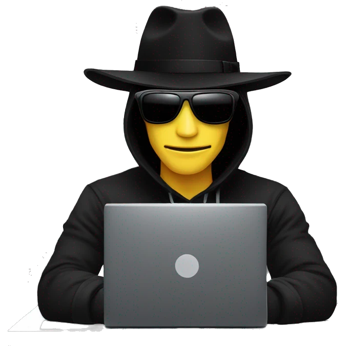 black hat hacker with black sunglasses behind a computer emoji