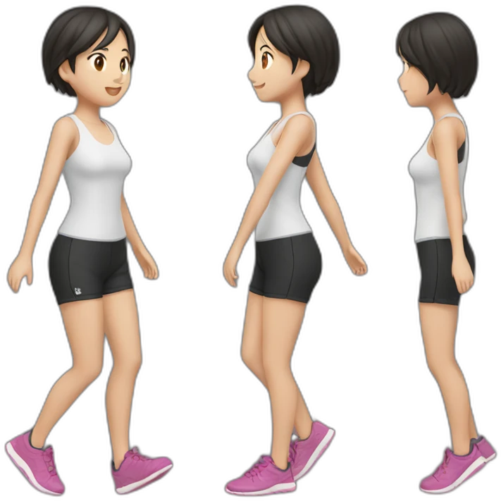 asian girl running，black shirt and shorts，full body，side view emoji