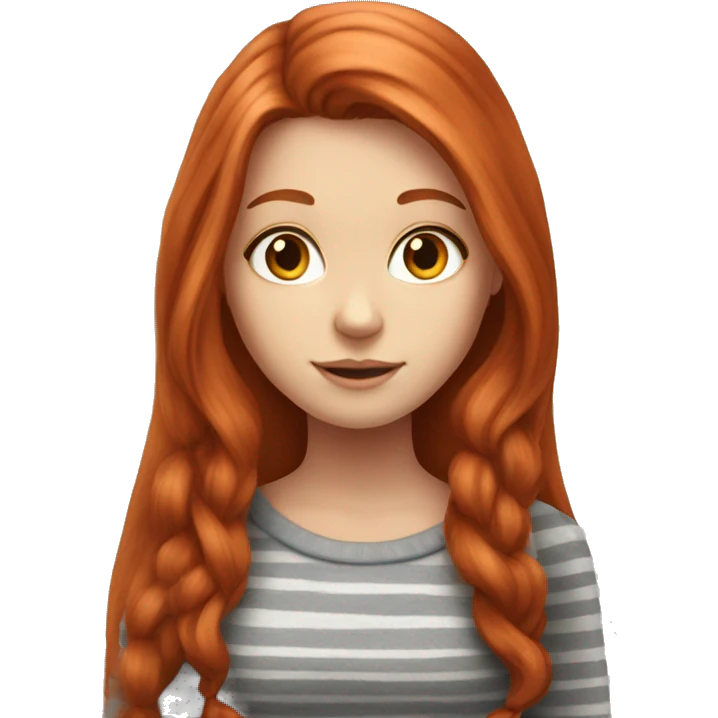 Redhead girl with very long hair and grey striped cat emoji