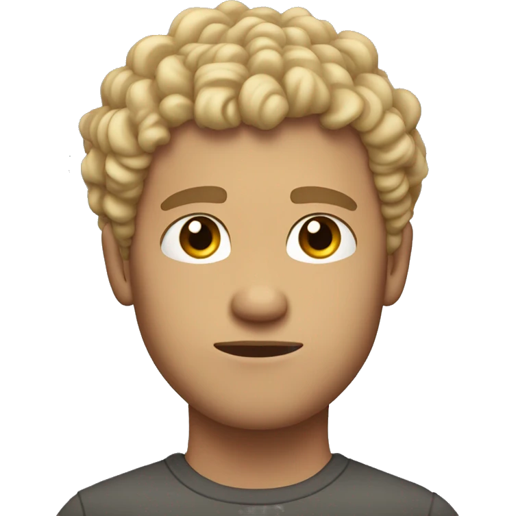 very curly blonde short hair guy, dark brown eyes, serious face emoji
