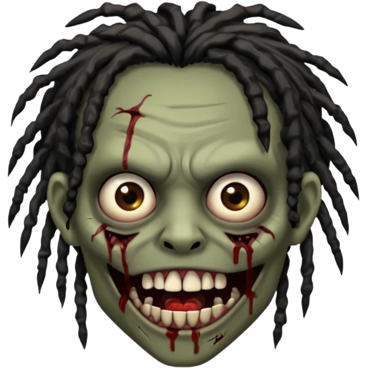zombie with brown skin, messy black dreads hair, wide centered brown eyes, dark bloody marks under the eyes, and a slightly open mouth showing crooked teeth grillz, giving a distressed, undead look. emoji