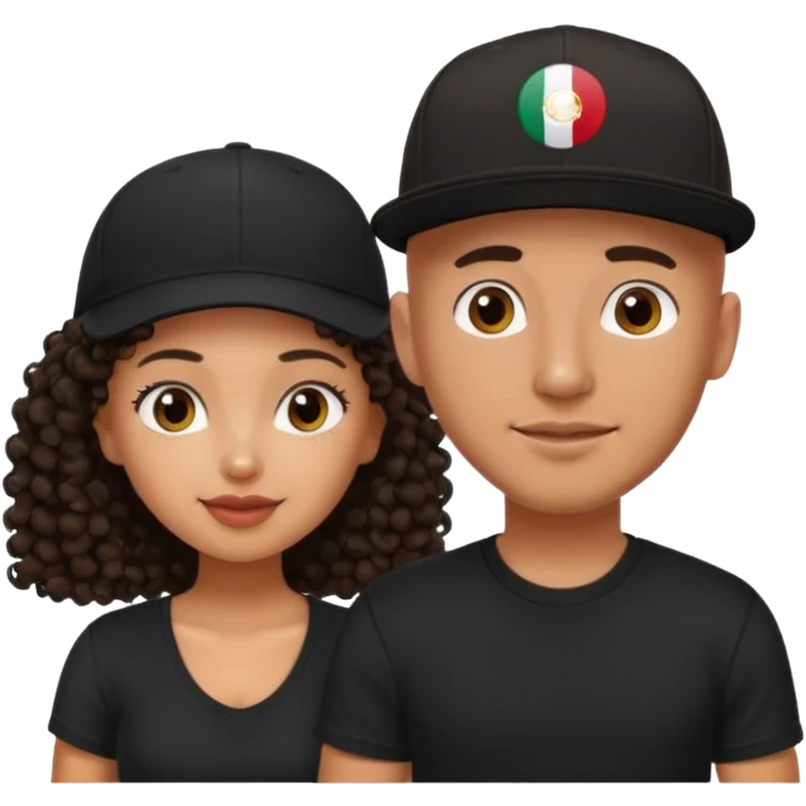 A picture of a cute tanned couple. the man is Mexican, with a bald hair cut wearing a SnapBack hat and a black shirt. the woman is mixed, she has curly longer dark brown hair, thicker and with big boobs  emoji