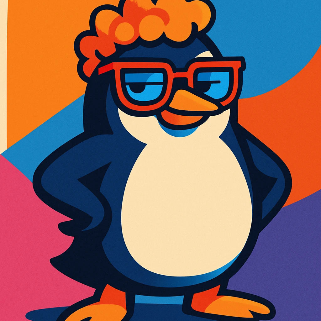 vibrant style penguin with curls, glasses, and a cool attitude emoji
