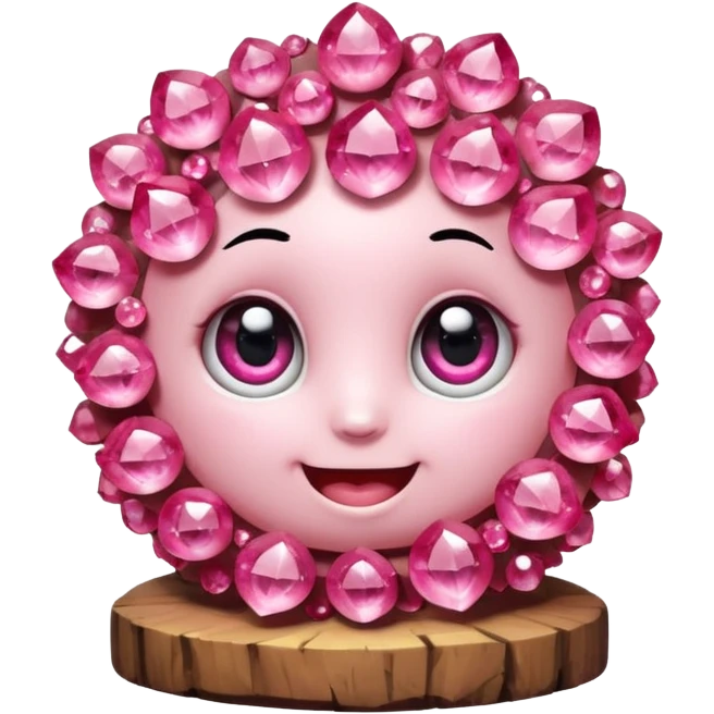 A single cute pink crystal cluster character, chunky round base with many tall rose-pink crystal quartz cluster imperfect, on the front of the base a kawaii face with big shiny eyes and a happy open smile very shiny and nothilng else emoji