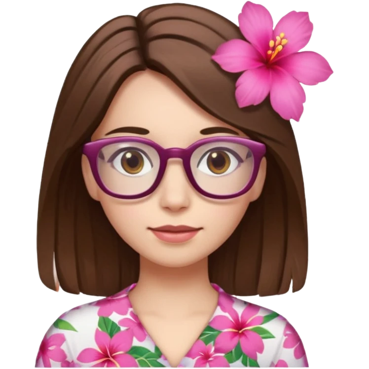 female with white skin. Shoulder length straight brown hair. Brown eyes with glasses. Hawaiian Flower in hair emoji