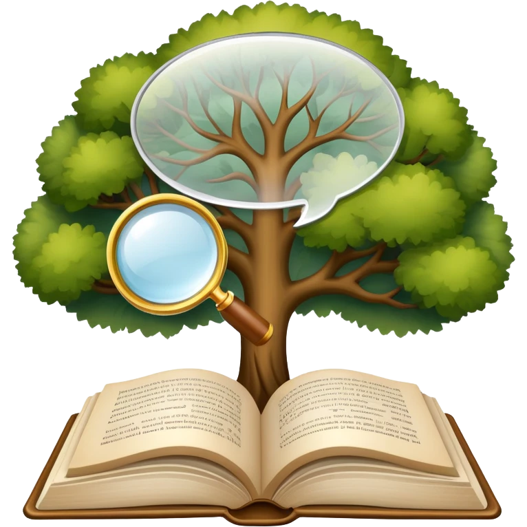 An icon featuring an open book, a speech bubble, and a linguistic tree, symbolizing philology and linguistics. The design includes alphabets, language symbols, and a magnifying glass, representing the study of language, structure, and meaning. Transparent background emoji