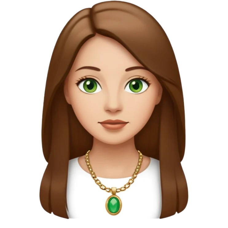 Adult woman avatar, light skin tone, oval face, straight long brown hair, green eyes, neutral mouth, elegant  emoji