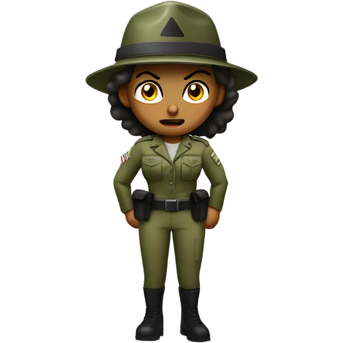 a female drill sergeant character wearing a classic sergeant hat and a camouflage army shirt. The character should have an angry intense expression. full torso emoji