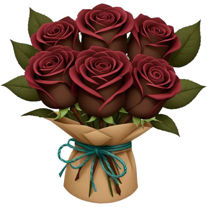 Bouquet of the darkest really dark brown roses in a paper package covered emoji