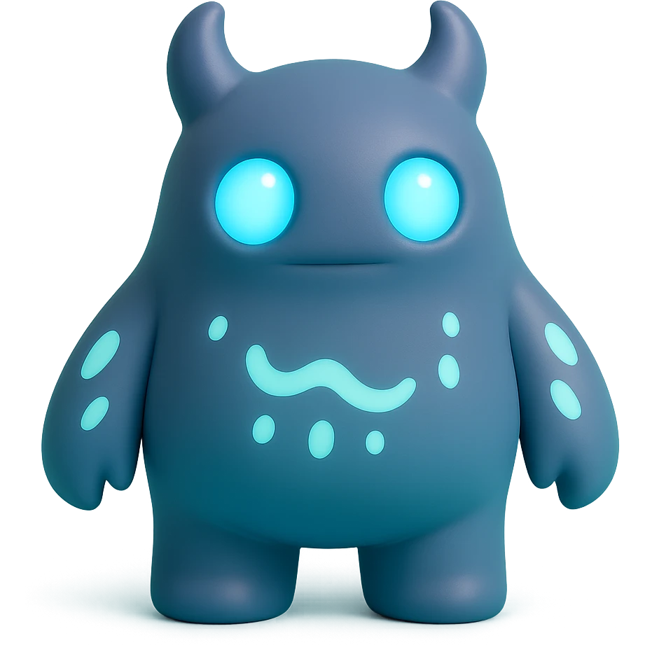 monster with glowing blue eyes and bioluminescent patterns on its body, dark background, toy-like emoji