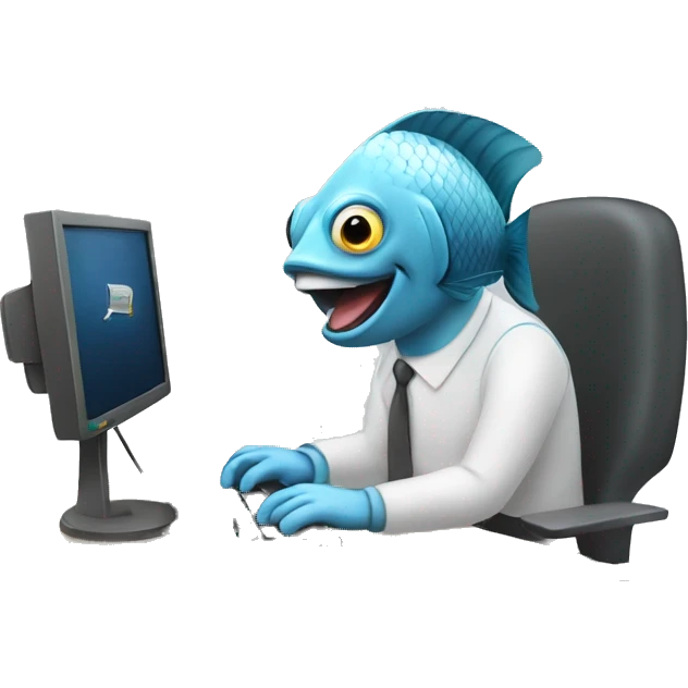 A fish typing on a computer emoji