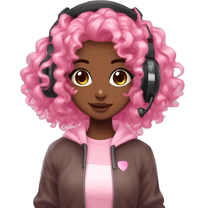 DARK BROWN SKIN GAMER GIRL WITH PINK CURLY HAIR gamingheadset pink kawaii gamer shiny blushing cute kawaii pastel anime trending style pink gaming headset gamergirl pastelcore emoji
