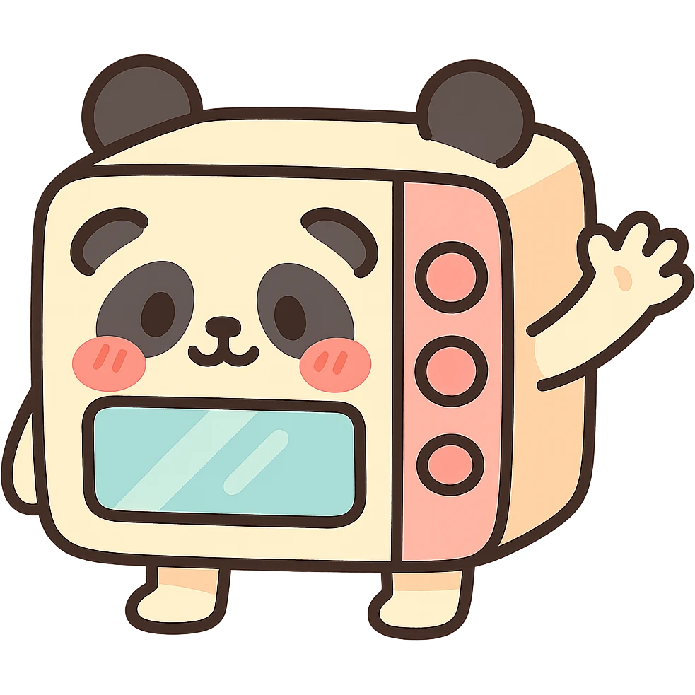 chibi-style microwave oven with panda features, blushing and waving, soft pastel palette, full-body emoji