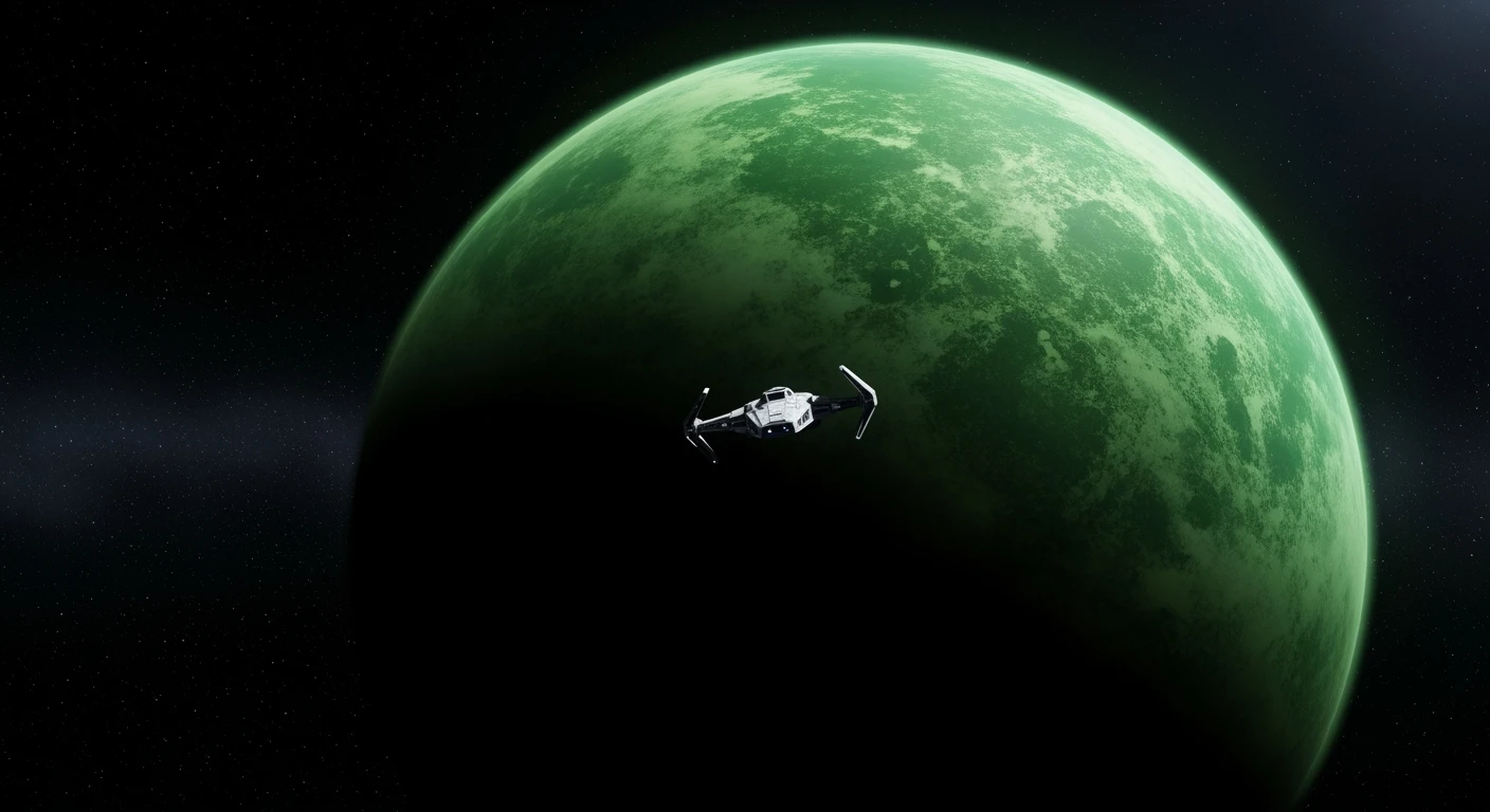 cinematic still, establishing shot, entire globe green planet, single starship coming to planet, inspired by StarWars movie, captured by arri alexa  emoji