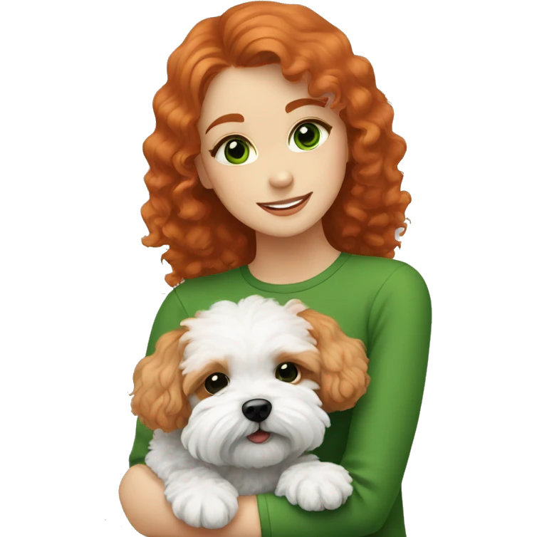 red haired girl with green eyes  hugging her black and white Maltipoo-dogs emoji