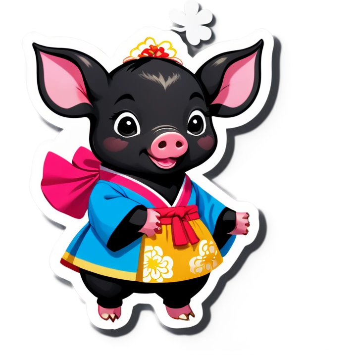 A black piglet wearing hanbok with "luck” written on it. emoji