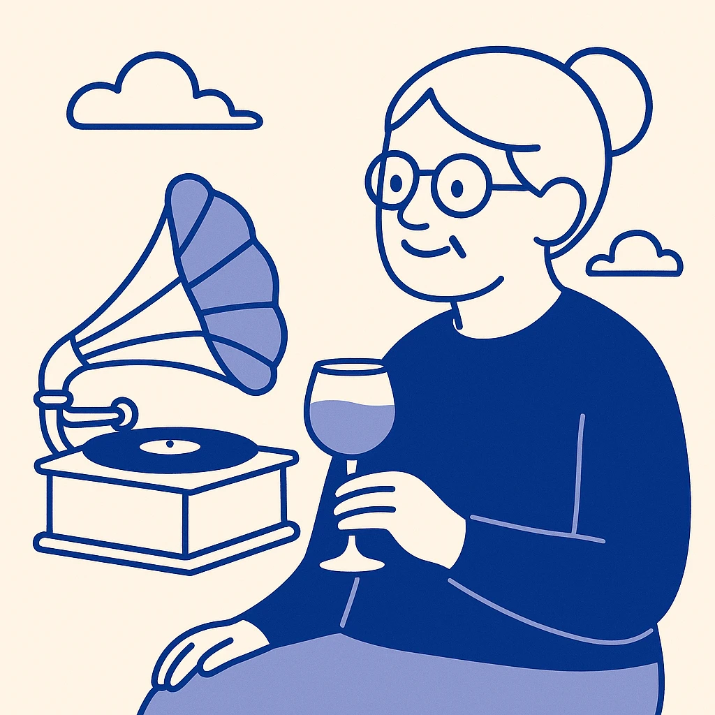 old lady with wineglass listening to gramophone emoji