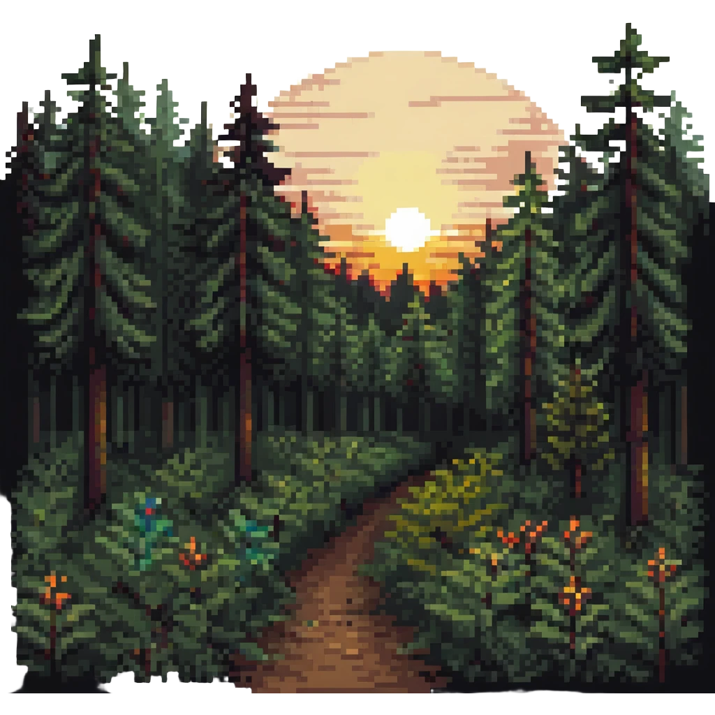 sunrise in a forest clearing, pixel art style emoji