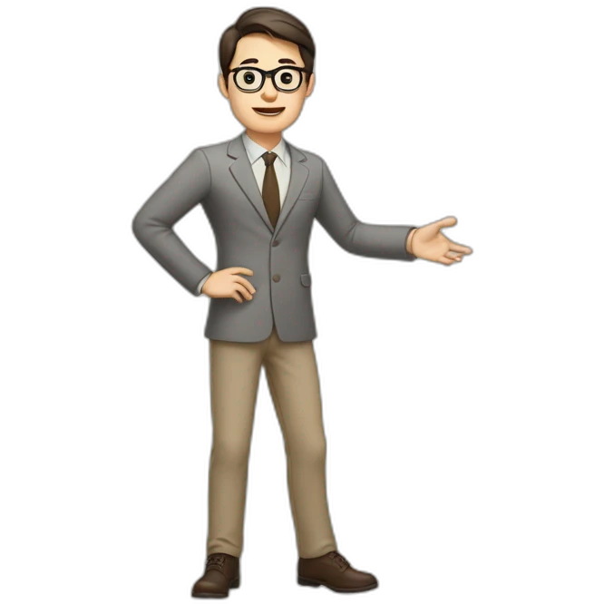 Full height Actively gesturing with hands Pale skinned fit man with dark brown hair in gray jacket, beige office shirt, brown tie, brown pants and vintage glasses. emoji