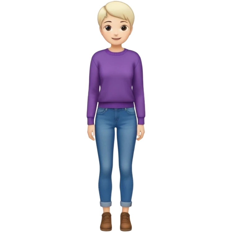 woman full body standing short pixie hair jeans sweater smile emoji