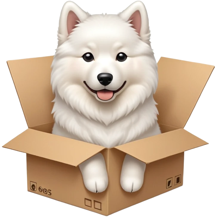  A very cute young Samoye  with one's head tilted to one side poked its paws out of the cardboard big box and placed them on top of it emoji