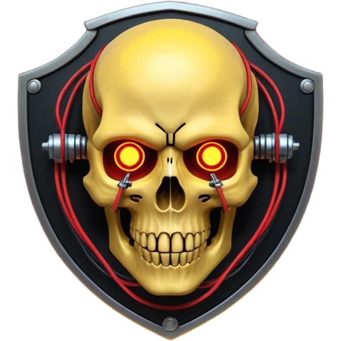 Cyberpunk shield, skull with cybernetic implants, glowing wires, dark yellow and red tones, no background emoji