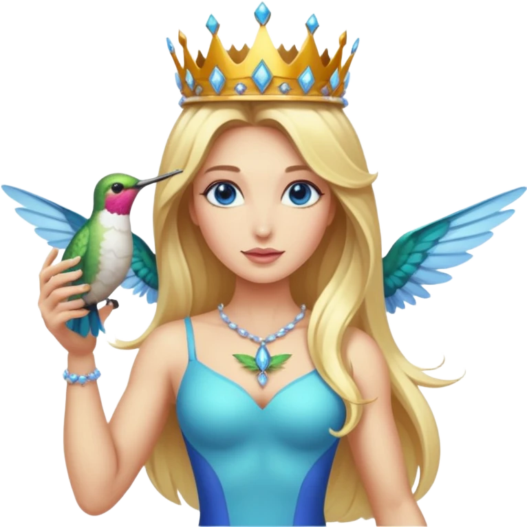 full body woman long blonde hair blue eyes white skin muscular build hummingbird crown and nectar flask emoji