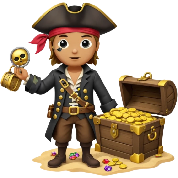 A 3D cartoon pirate character with one eye covered by a black eye patch, holding a treasure chest filled with gold coins and jewels, standing on sandy ground, wearing a pirate hat and coat, warm sunset lighting, realistic Memoji-style rendering. emoji