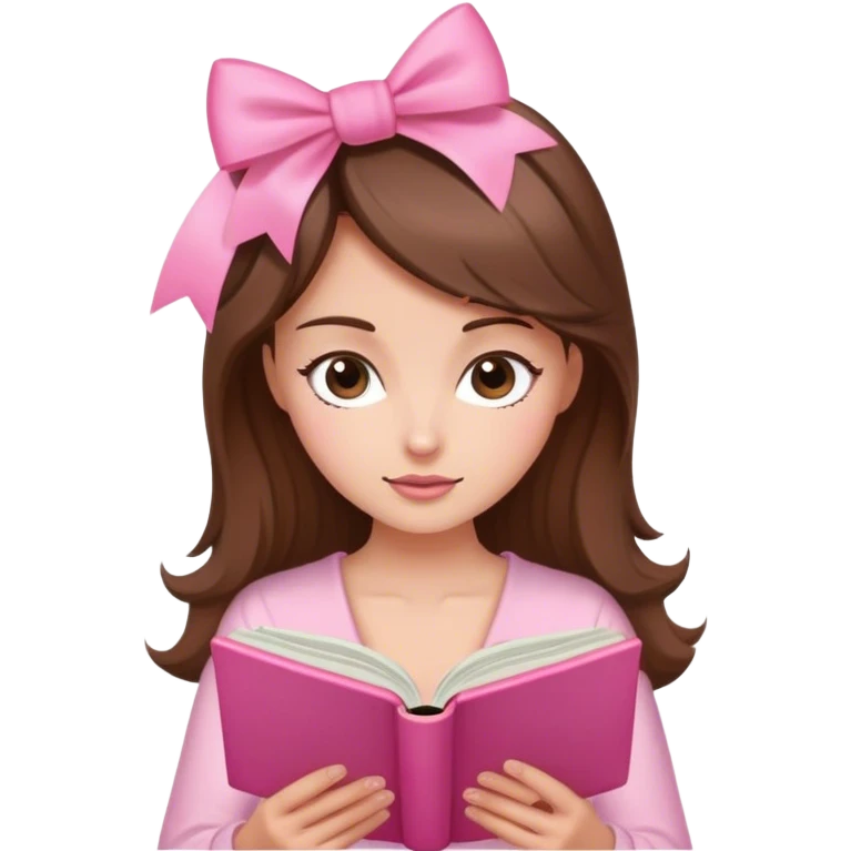 a brown haired, fair skinned female reader reading a pink romance novel with bow emoji