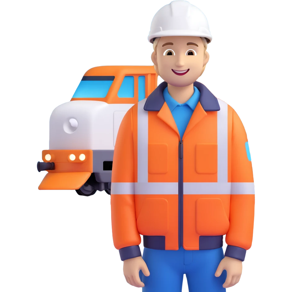 Emoji of Keith Morey, Network Rail staff, smiling in orange hi-vis jacket and white hard hat, with a train in the background emoji