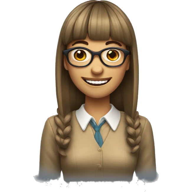 Woman with bangs doing a big toothy nerdy smile emoji