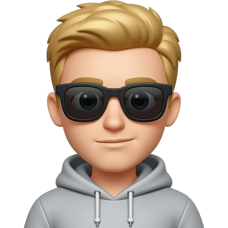 Extreme close-up Apple Memoji, young man with blonde textured hair, black sunglasses, grey hoodie, 3D high quality, focused on face, head and shoulders only. Without facial hair. emoji