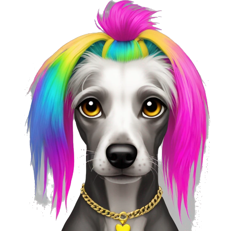 Punk Chinese crested dog neon rainbow hair gold chain punk piercings tattoos punk ear piercings emoji