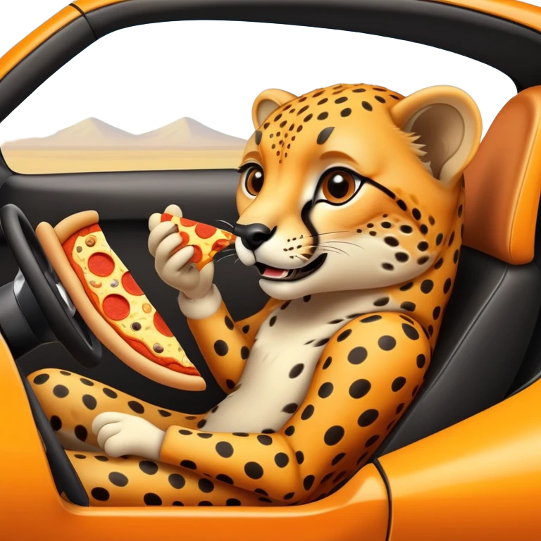 A cheetah in a race car eating a slice of pizza emoji