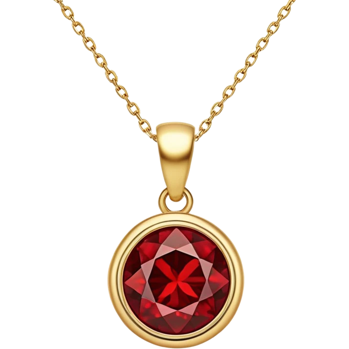 polished round red garnet pendant suspended from a delicate gold chain, glowing with warmth and magic emoji