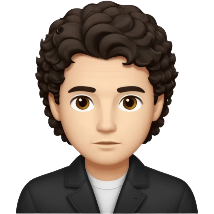 He’s a man with light to medium skin, a defined oval face, full brows, deep-set eyes, and wavy short dark brown tall puffy hair styled with height, sides are trimmed. expression calm and focused relaxed black open-collar .polished, articulate, and coach vibe. emoji