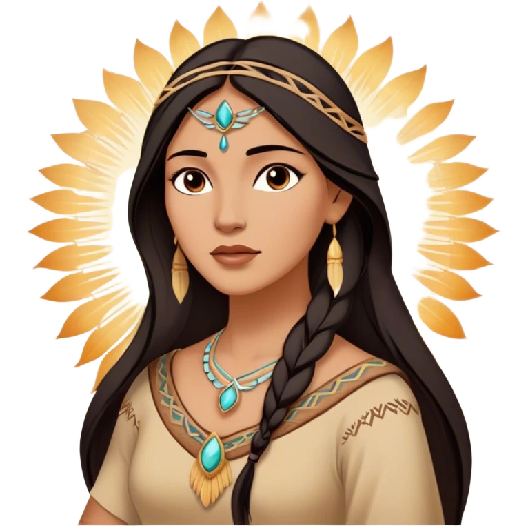 Cinematic Radiant Pocahontas Portrait Emoji, rendered in a vector-style with clean lines. Show Pocahontas with luminous, sun-kissed skin and flowing dark hair adorned with subtle natural ornaments, her expression calm and kind, dressed in simple traditional attire with earthy tones. The image glows softly with a warm, inviting radiance, enhanced by a soft glowing outline. emoji