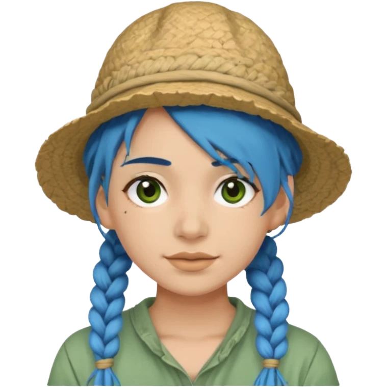 messy green full face clay mask and tourist hat blue hair braid emoji
