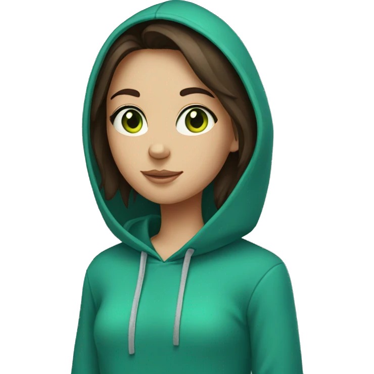 brunette girl with green eyes in a blue hoodie emoji