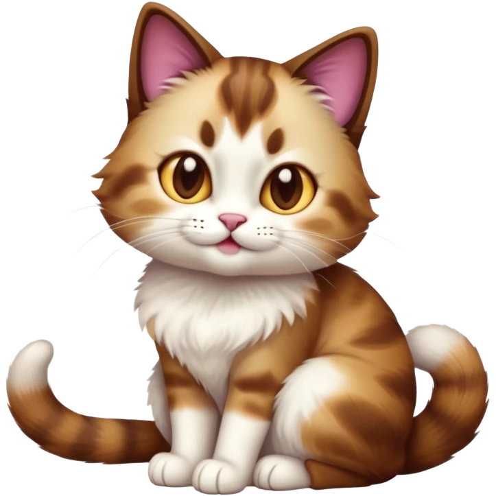 cinematic-[showshoe cat]-realistic-full-body-sitting-emoji,-tail-curled-playfully-around-its-paws,-head-tilted-dramatically,-fluffy-[brown and white]-fur,-simplified-yet-realistic-focused-features,-highly-detailed,-glowing-with-an-almost-sarcastic-glow emoji